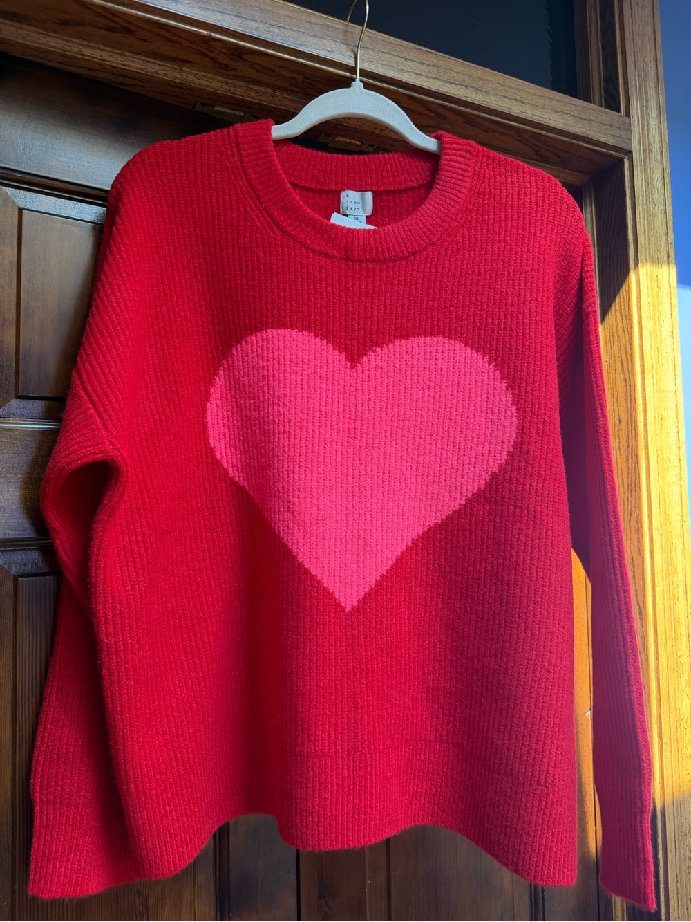 a new day Bright Red Ribbed Crewneck Sweater with Pink Heart, Size XL